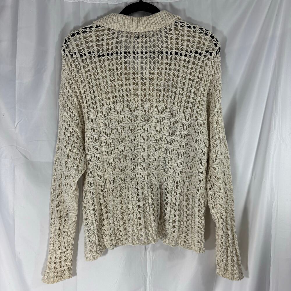 American Eagle Crochet Polo Sweater M Boho Tassel Tie Open Knit Beachy Layer - Picture 4 of 6